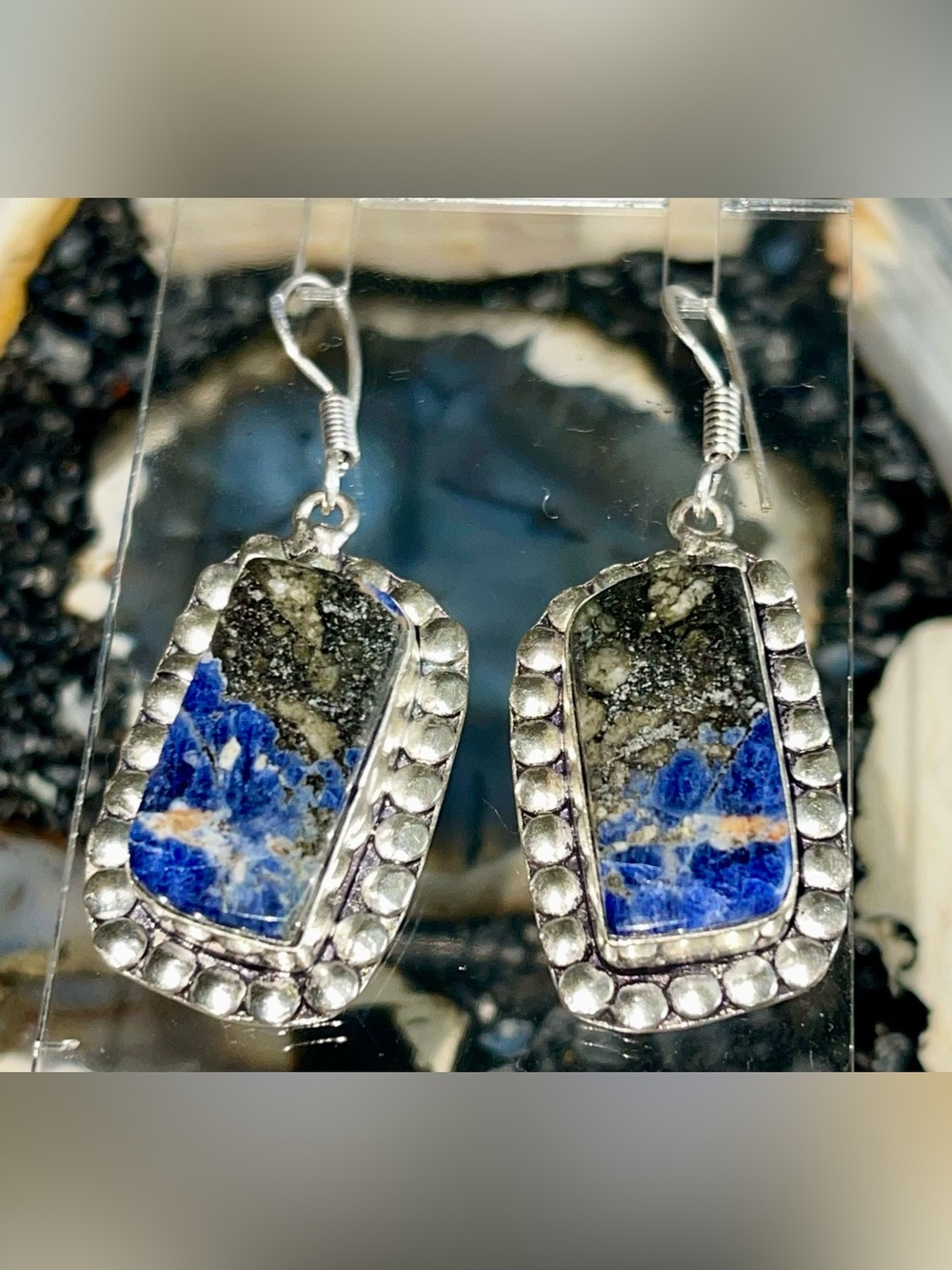 Navy Sodalite with Pyrite Earrings 2” - Picture 6 of 15